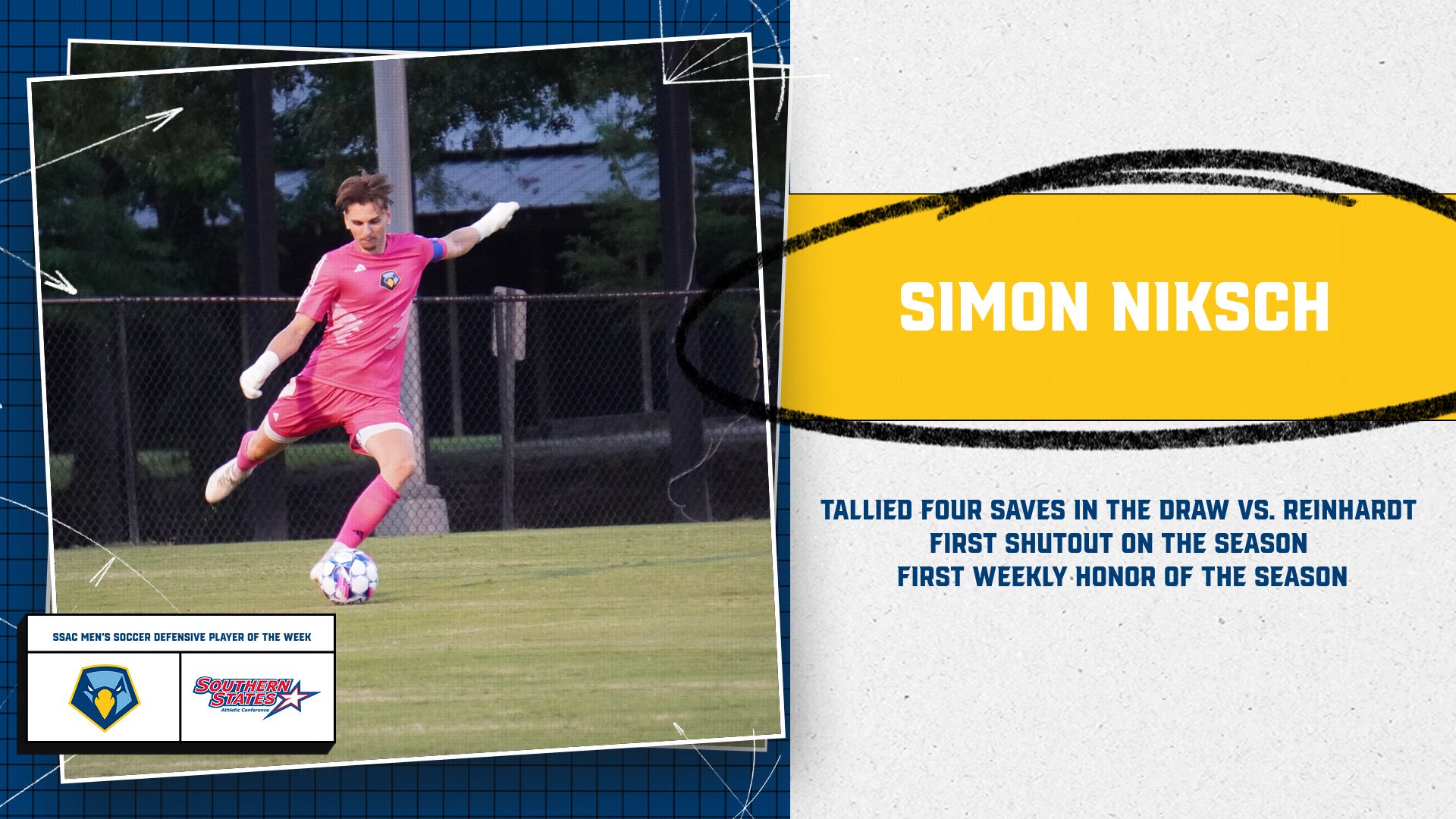 Simon Niksch crowned as the SSAC Men&rsquo;s Soccer Defensive Player of the Week